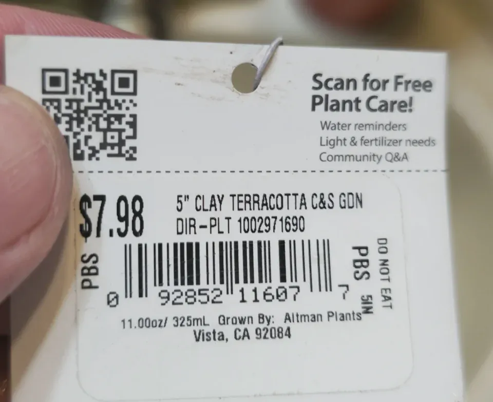 Back of the Altman Plants nursery label for P30 five-inch terra-cotta succulent garden with price, product number, barcode, care QR, and container-capacity markings