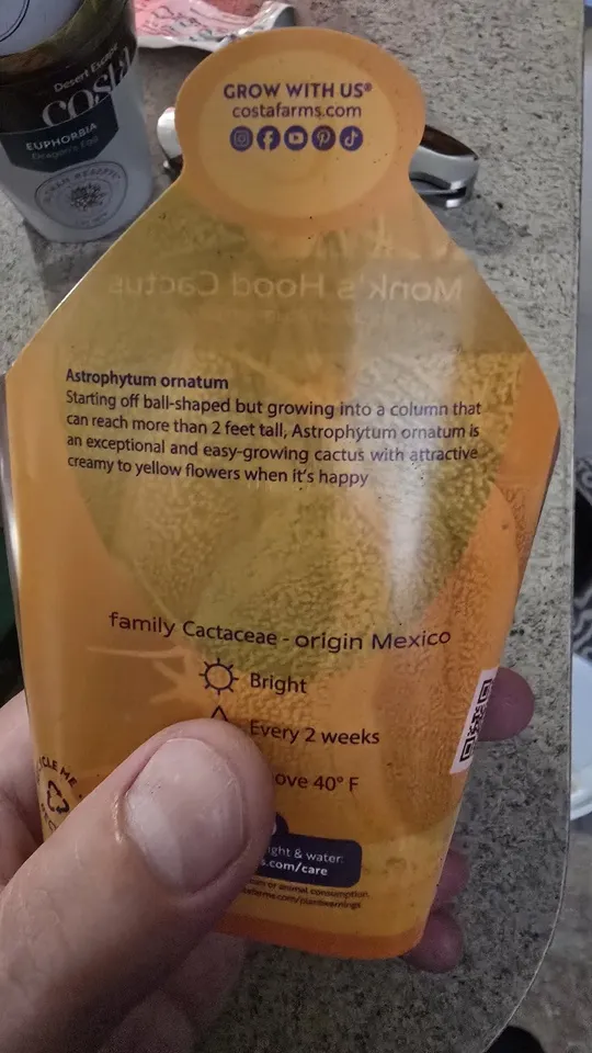 Back of the nursery card supplied with the Astrophytum ornatum cactus