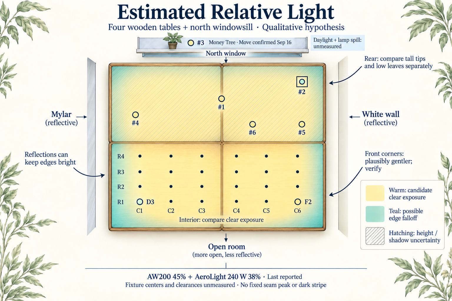 Illustrated relative-light hypothesis for four wooden tables and a separate unmeasured windowsill