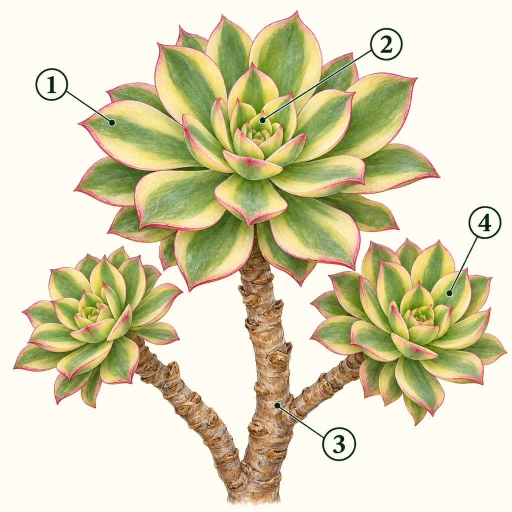 Variegated aeonium with numbered leaf, rosette center, woody branch and side crown.