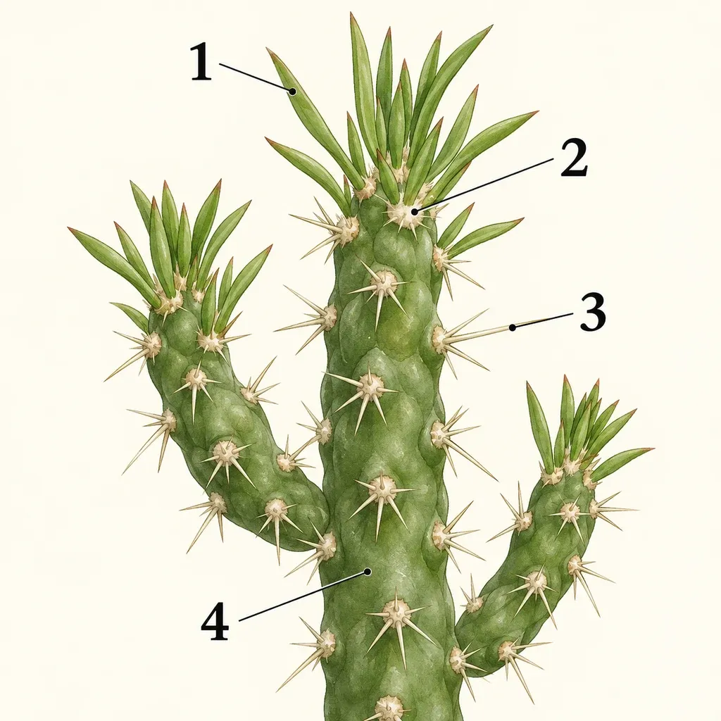 Botanical anatomy of Eve's needle, with numbered markers for awl-shaped leaf, areole, spine, cylindrical stem.