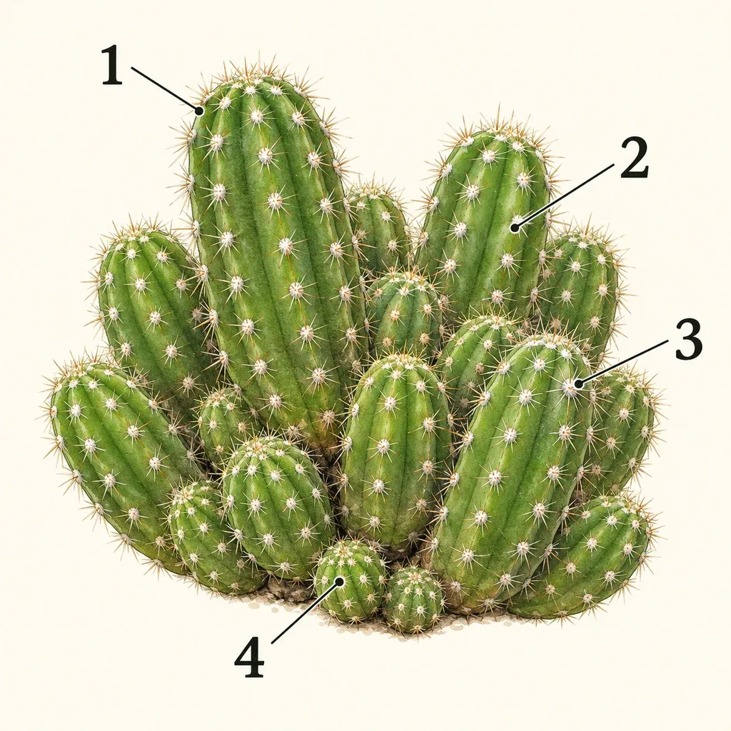 Botanical anatomy of the probable peanut cactus hybrid, with numbered markers for finger-shaped stem, shallow rib, areole, basal offset.