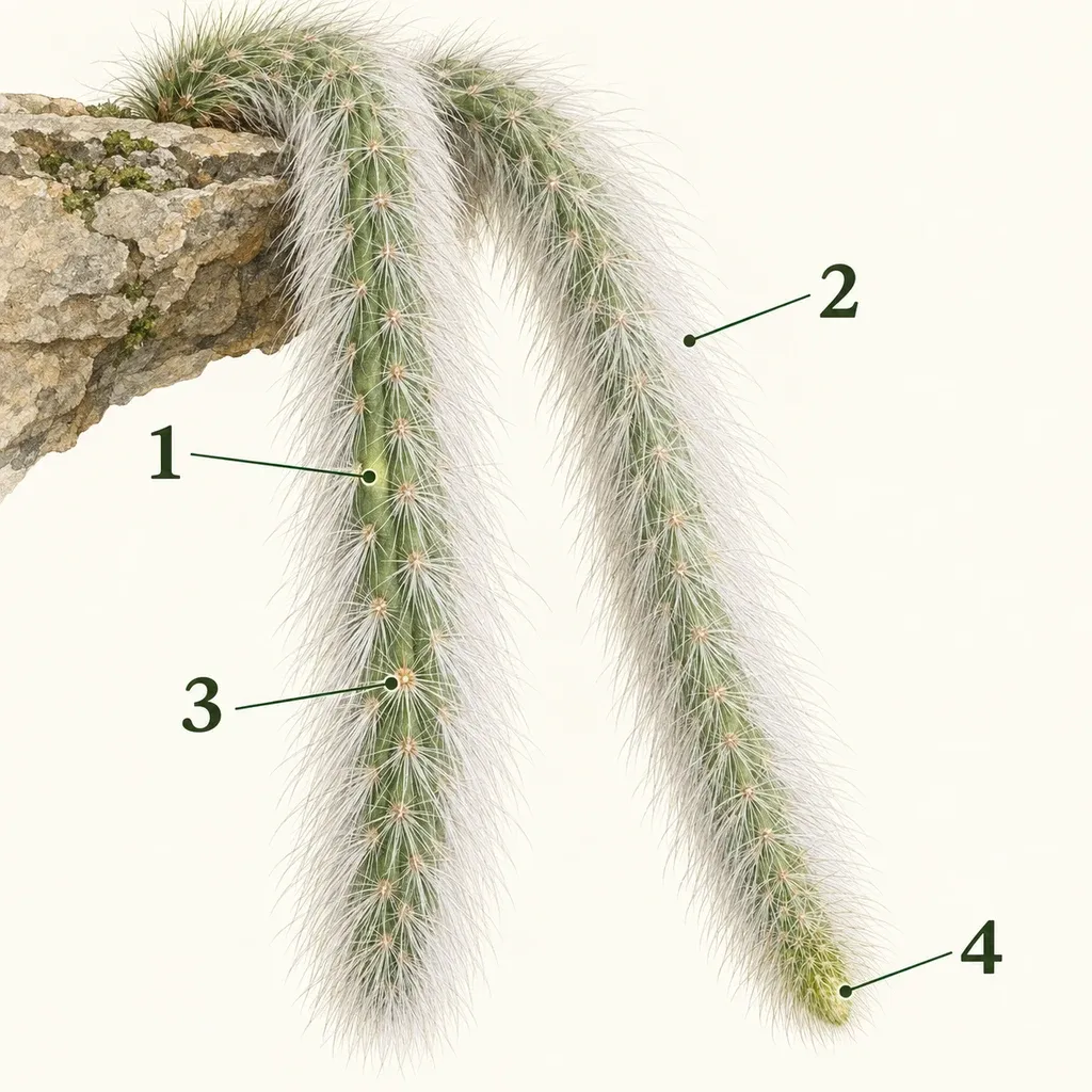 Botanical anatomy of monkey tail cactus, showing pendant stem, hairlike spines, areole, growing tip with numbered markers.