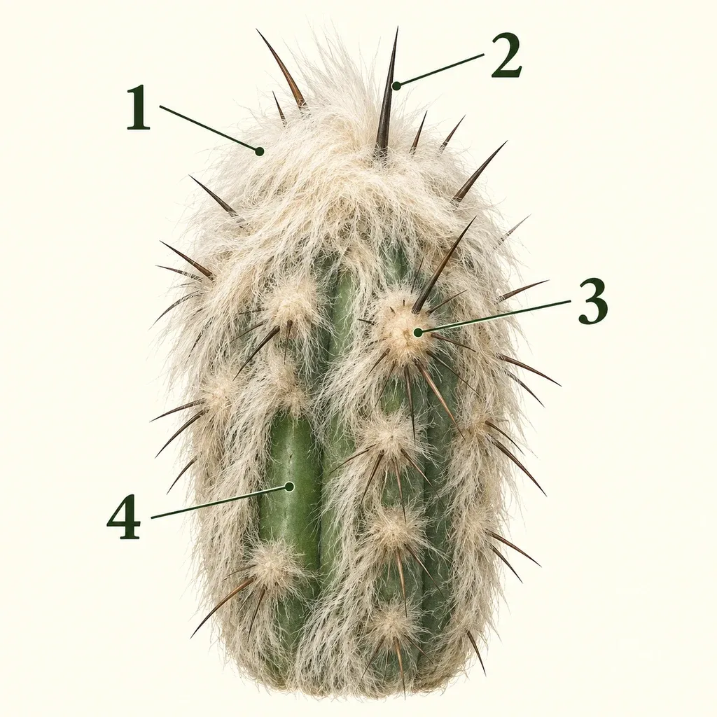 Botanical anatomy of the probable compact Espostoa, with numbered markers for woolly covering, central spine, areole, green ribbed stem.