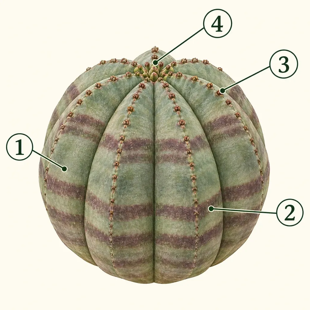 Obesa-type Euphorbia with numbered fleshy rib, transverse color band, small flowering eye and central crown.
