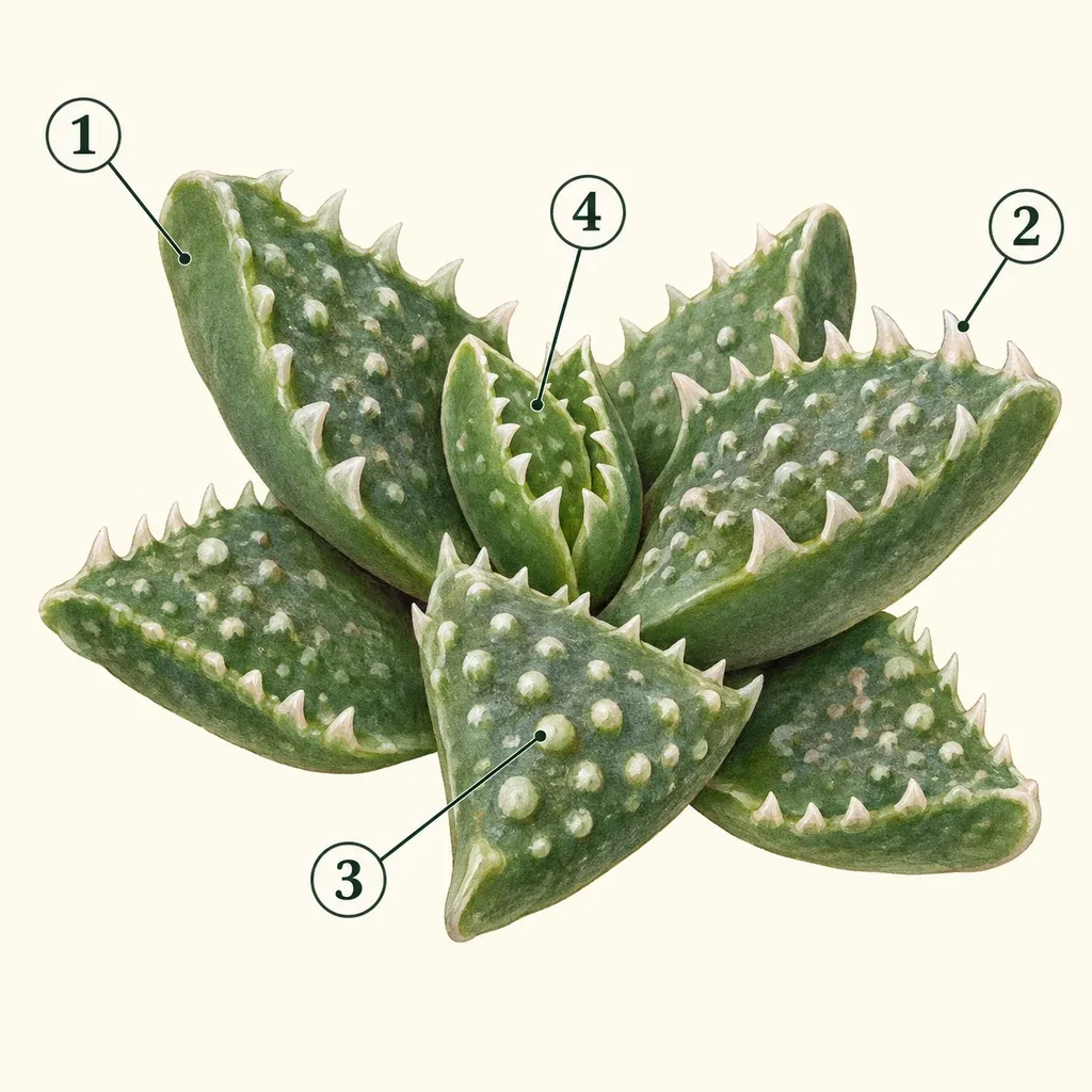 Paired triangular leaves with numbered blade, marginal teeth, raised tubercles and growing center.