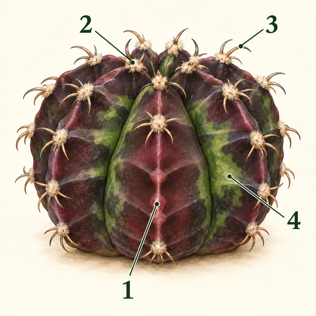 Botanical anatomy of 'Black Widow', with numbered markers for notched rib, areole, curved spines, green sector.