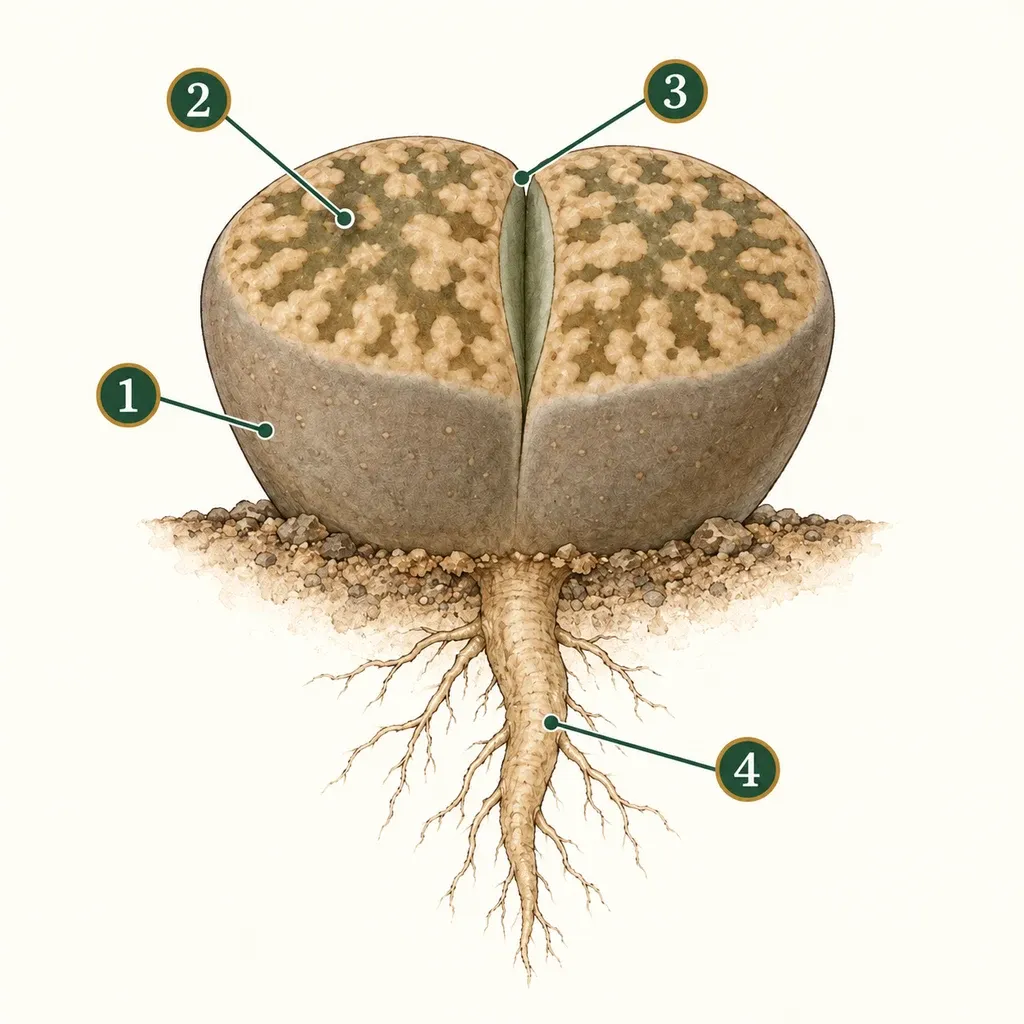 One tan-patterned Lithops head with numbered paired leaves, upper windows, central fissure and roots.