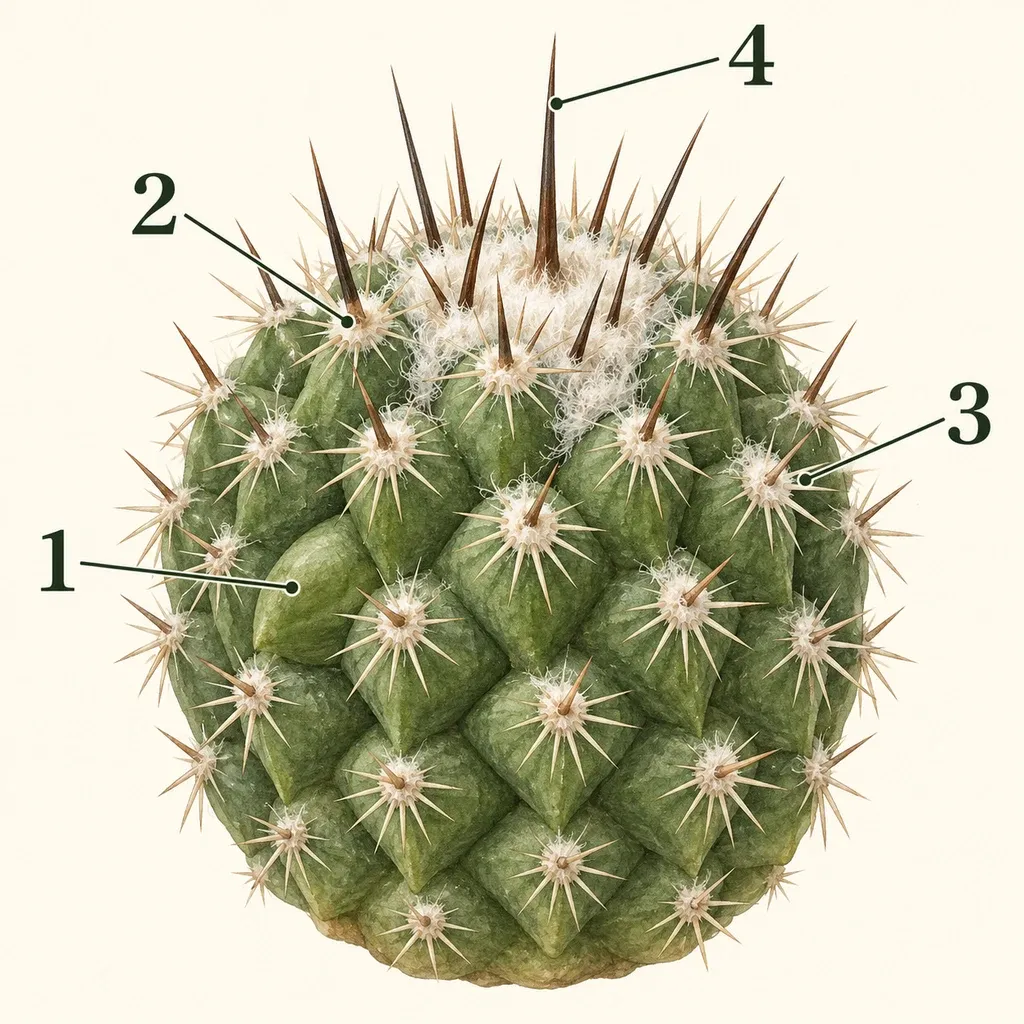 Botanical anatomy of probable Mammillaria mammillaris, showing tubercle, areole, radial spines, central spine with numbered markers.