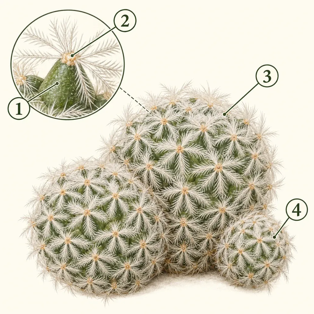 Feather cactus clump with a magnified tubercle and numbered tubercle, areole, feathery spine cover and offset.