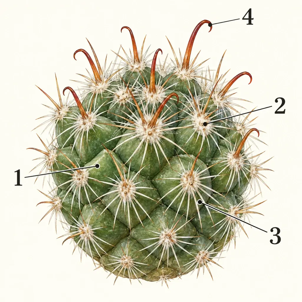 Botanical anatomy of the Mammillaria cf. rekoi candidate, showing tubercle, areole, radial spines, hooked central spine with numbered markers.