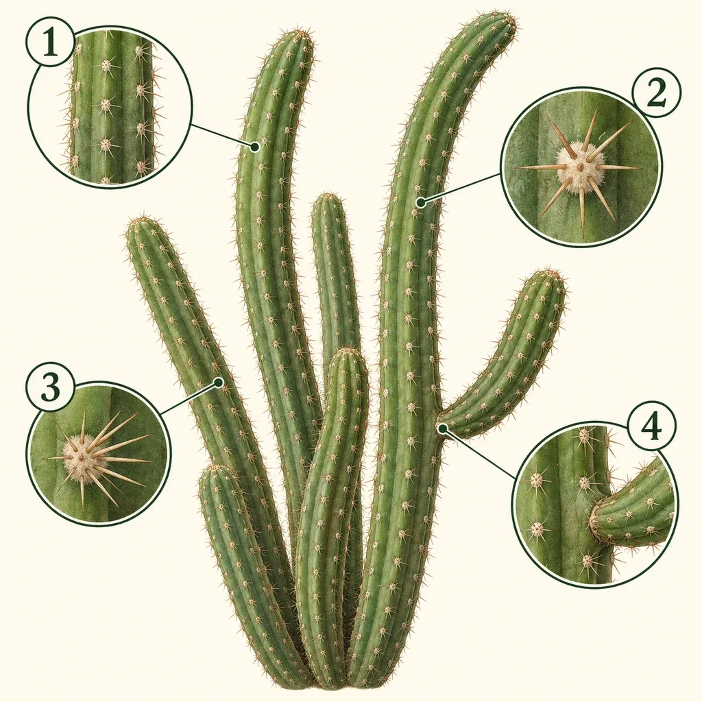 Serpent cactus with numbered slender ribbed stem, felted areole, fine radial spines and side-branch junction.