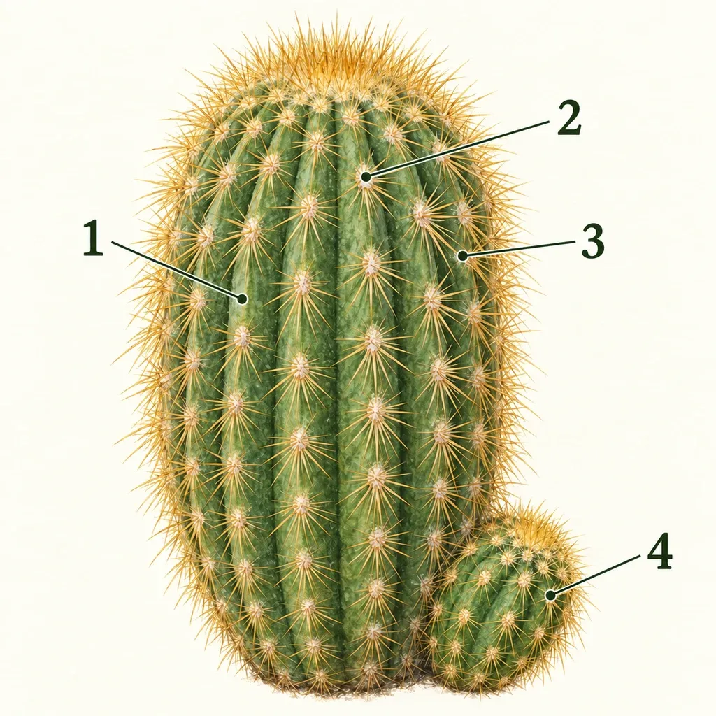 Botanical anatomy of golden ball cactus, with numbered markers for rib, areole, golden spines, basal offset.