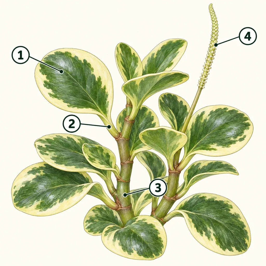 Generated variegated Peperomia drawing: 1 thick leaf, 2 short petiole, 3 branching fleshy stem, and 4 illustrative flower spike.