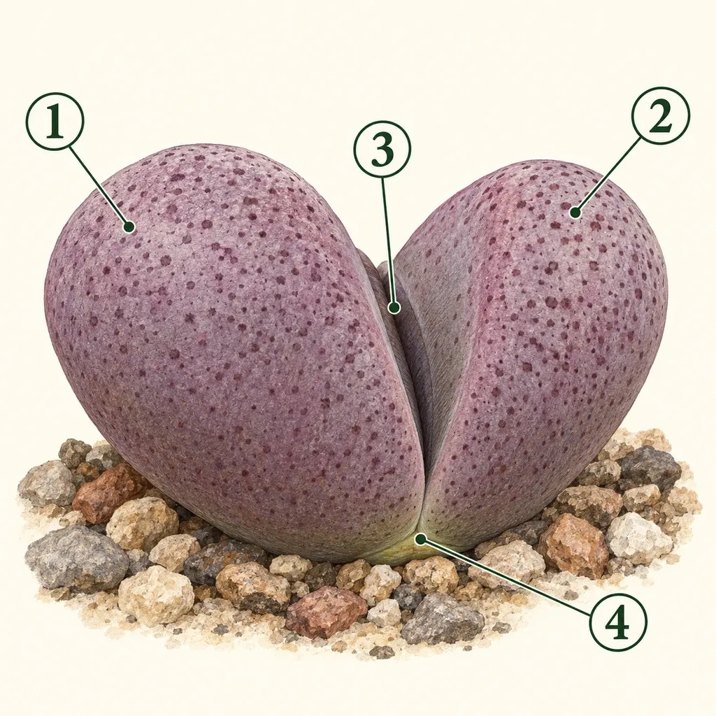 Purple split rock with numbered thick leaf, speckles, central cleft and joined leaf base.