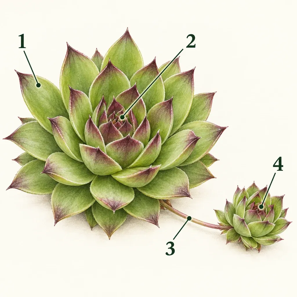 Hens-and-chicks rosettes with numbered leaf, growing center, connecting stolon and daughter crown.