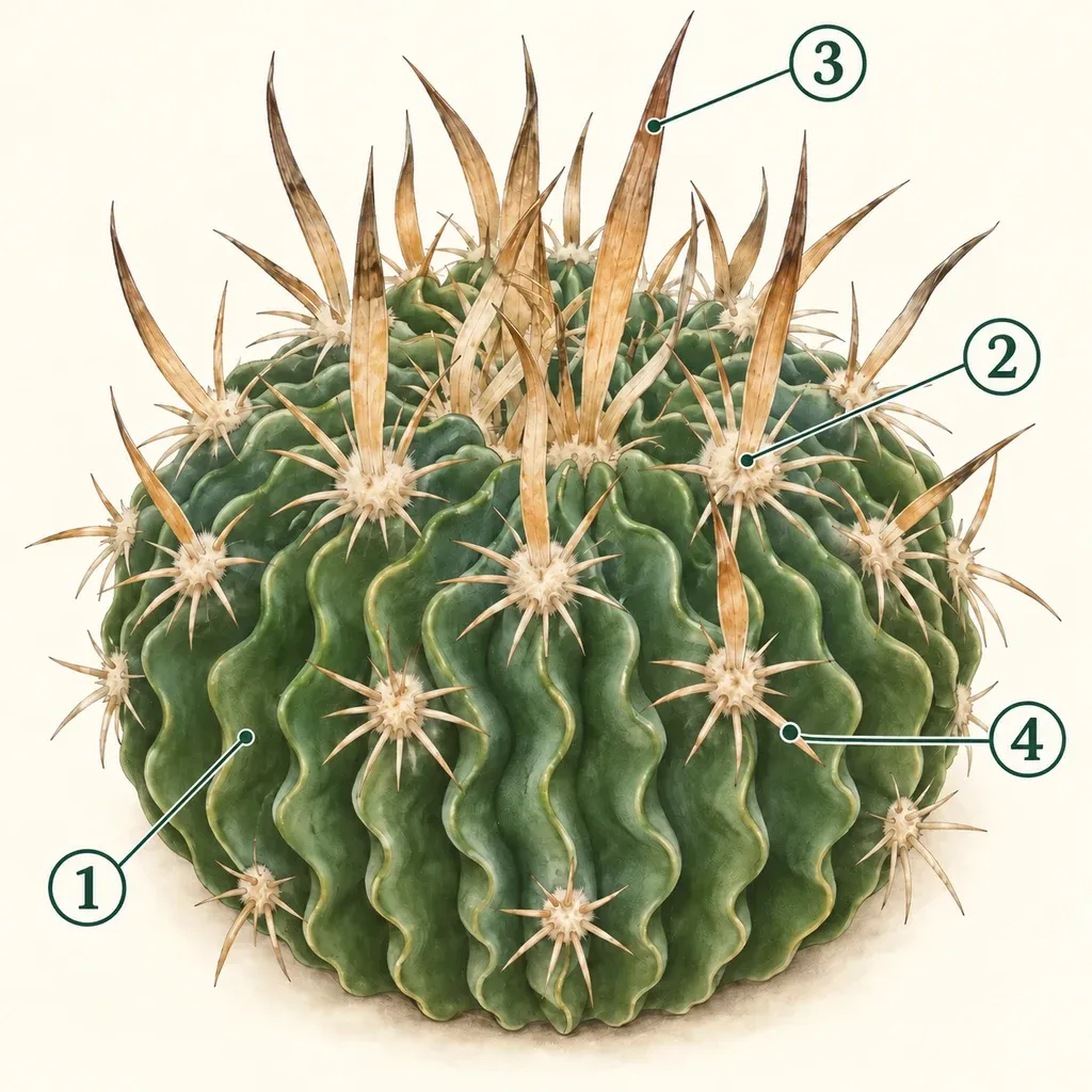 Grass blade cactus with numbered narrow wavy rib, areole, long flattened central spine and shorter radial spines.
