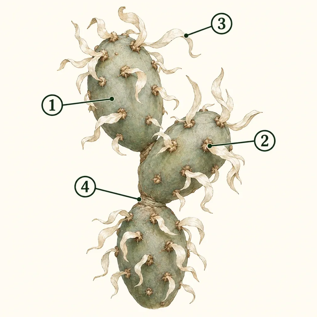 Botanical anatomy of paper spine cactus, with numbered markers for stem segment, areole, papery spine, segment joint.