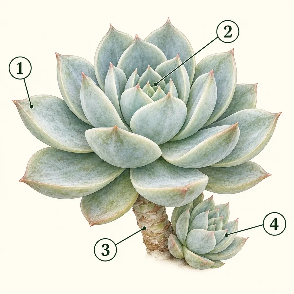 Numbered pale Echeveria illustration: fleshy leaf, rosette center, short stem and basal offset.
