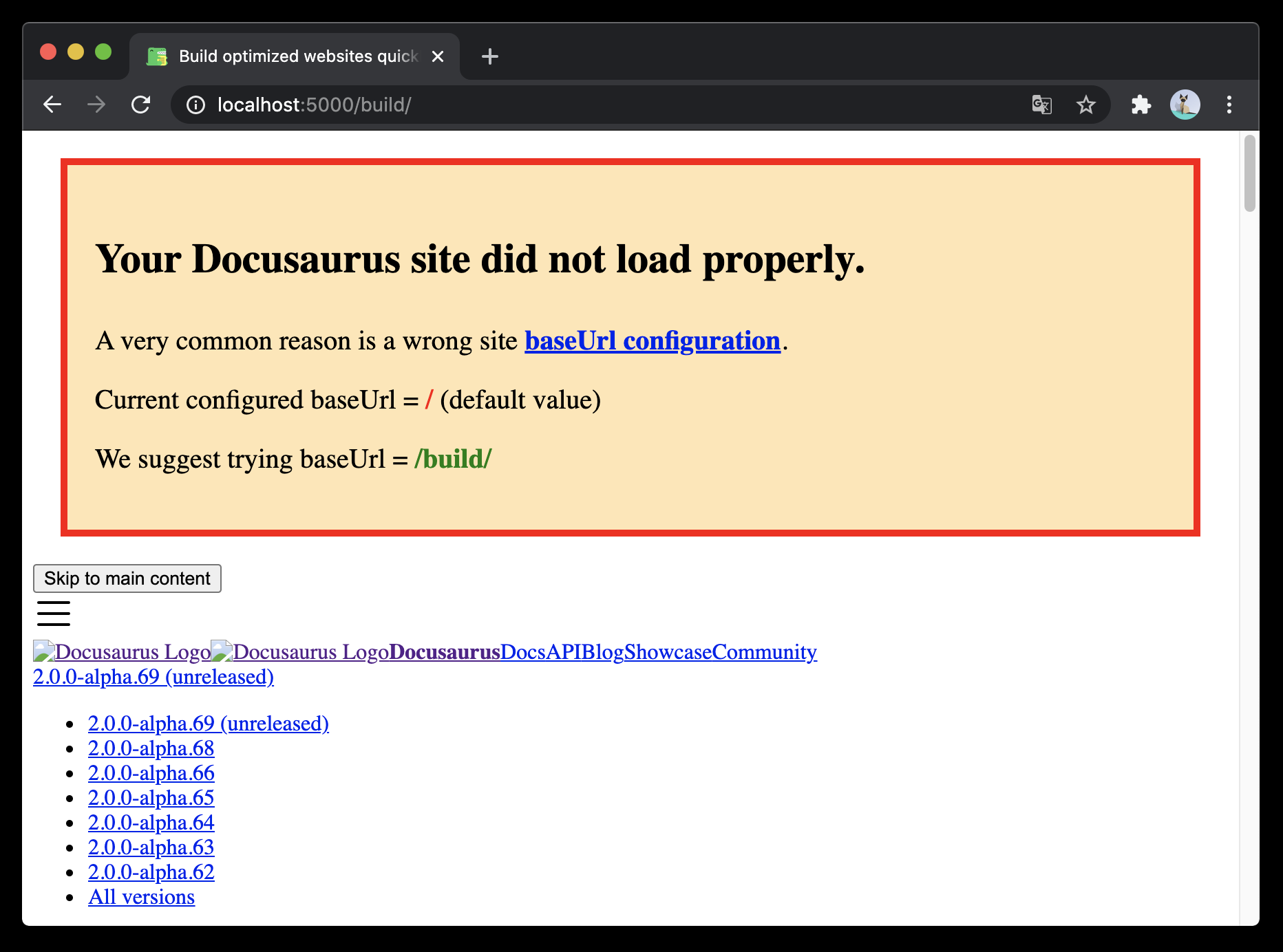 Docusaurus base URL issue banner shown at the top of a site when configuration and URL expectations do not match.