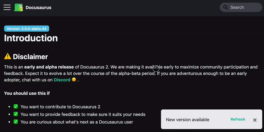 Docusaurus PWA reload prompt shown after a service-worker update during development.